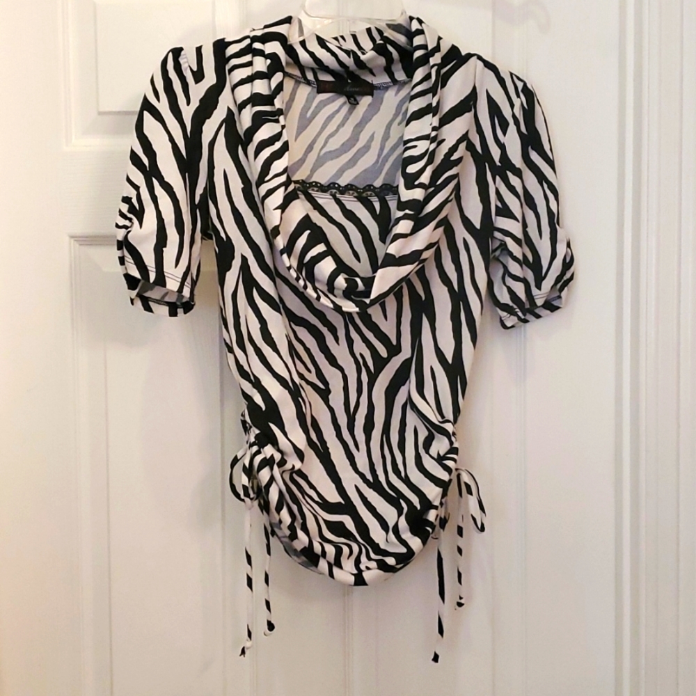 HeartSoul Women's Stylish Zebra Top Ties on Sides Cowl Neck with Lace